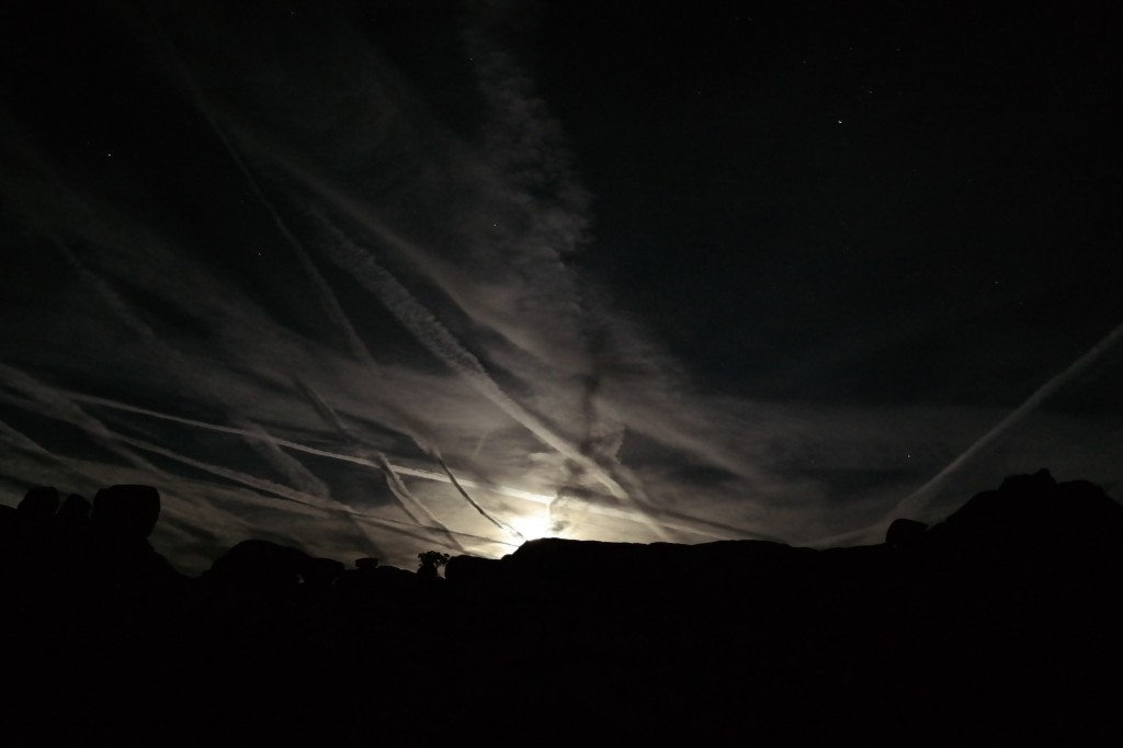 Contrails in the moonlit sky over Joshua Tree National Park