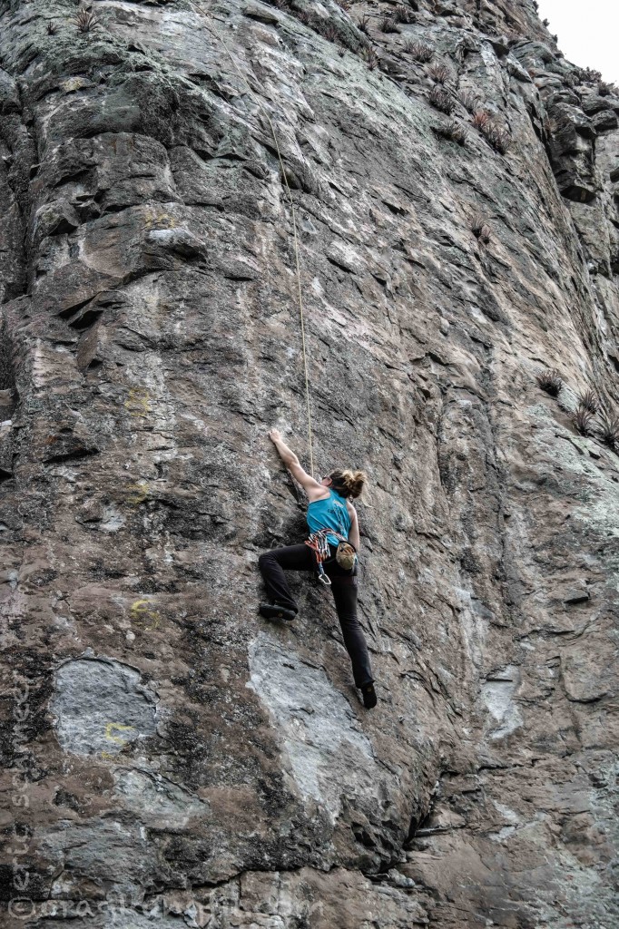 Niccole making her way up an impossibly thin unknown route